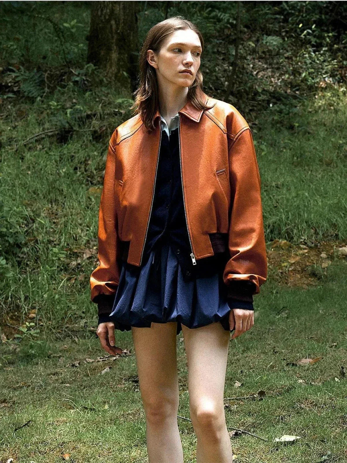Cropped Lambskin Leather Jacket - Reddish Brown styled front view
