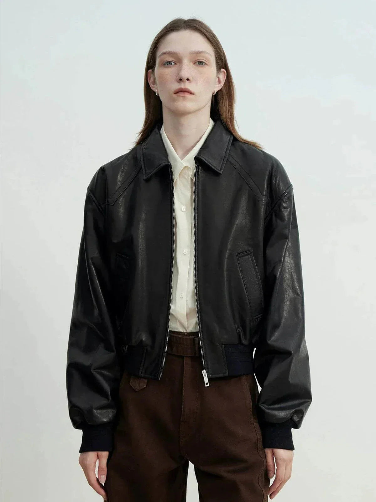 Cropped Lambskin Leather Jacket - Black front view