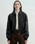 Cropped Lambskin Leather Jacket - Black front view