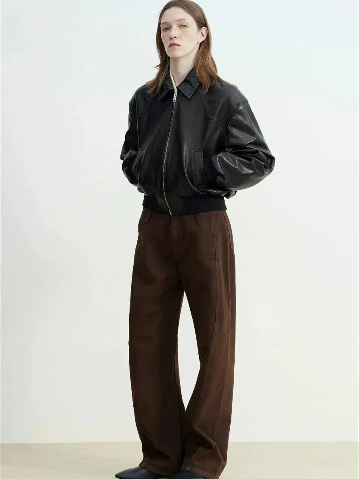 Cropped Lambskin Leather Jacket - Black full body view