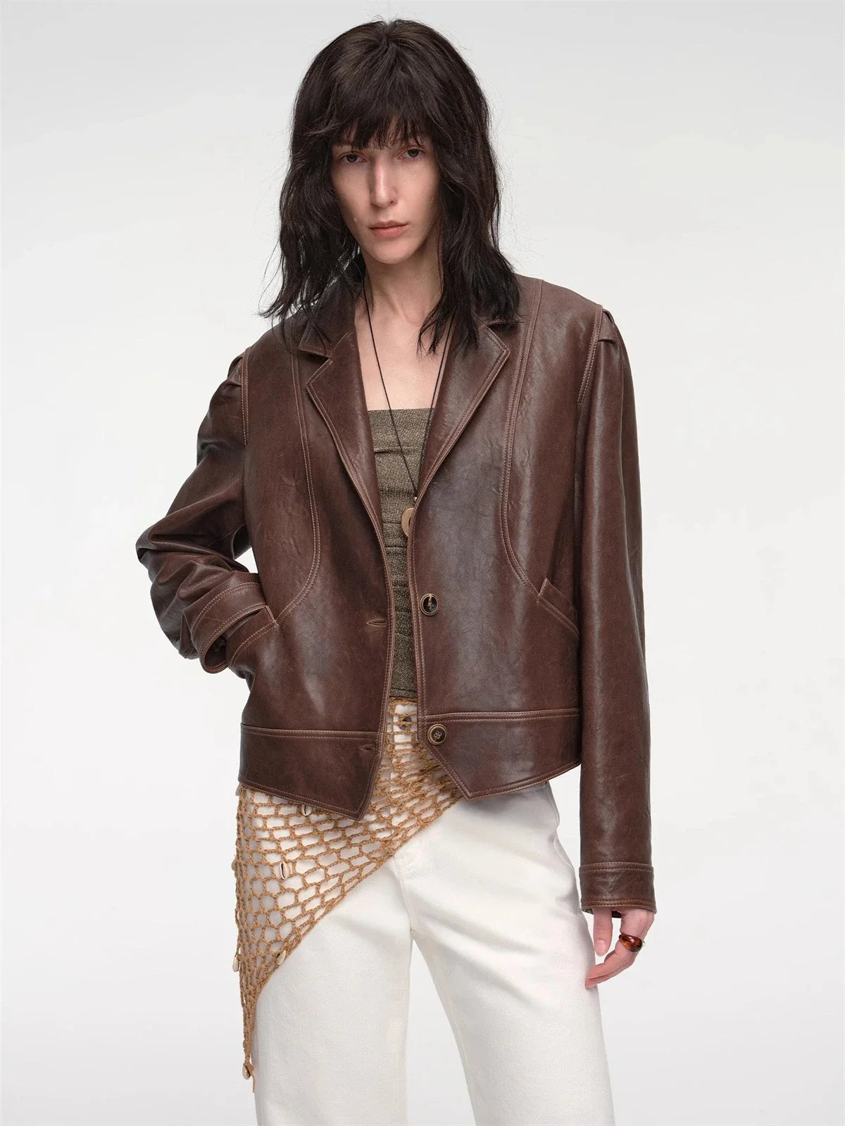 Firelady Fur Vintage Old Stories brownish red waxed sheepskin leather jacket front view