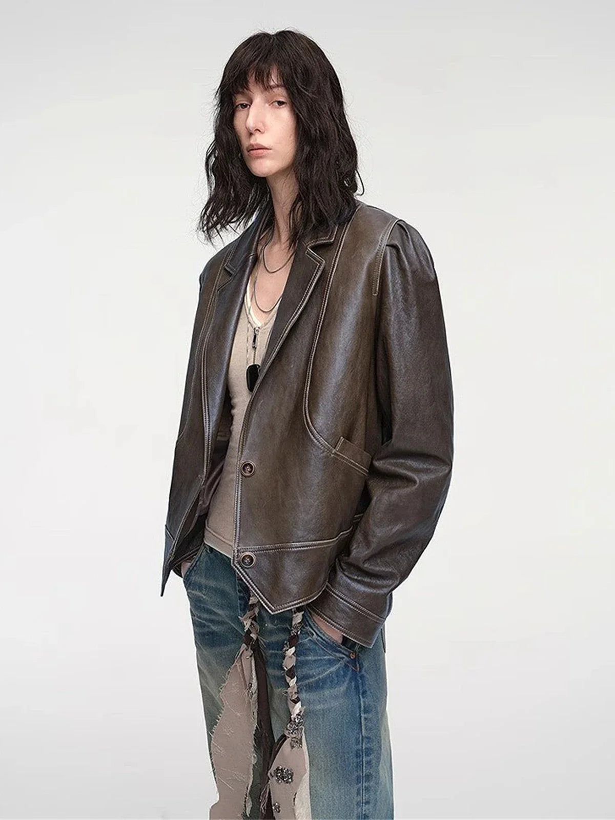 Firelady Fur Vintage Old Stories waxed sheepskin leather jacket styled front view