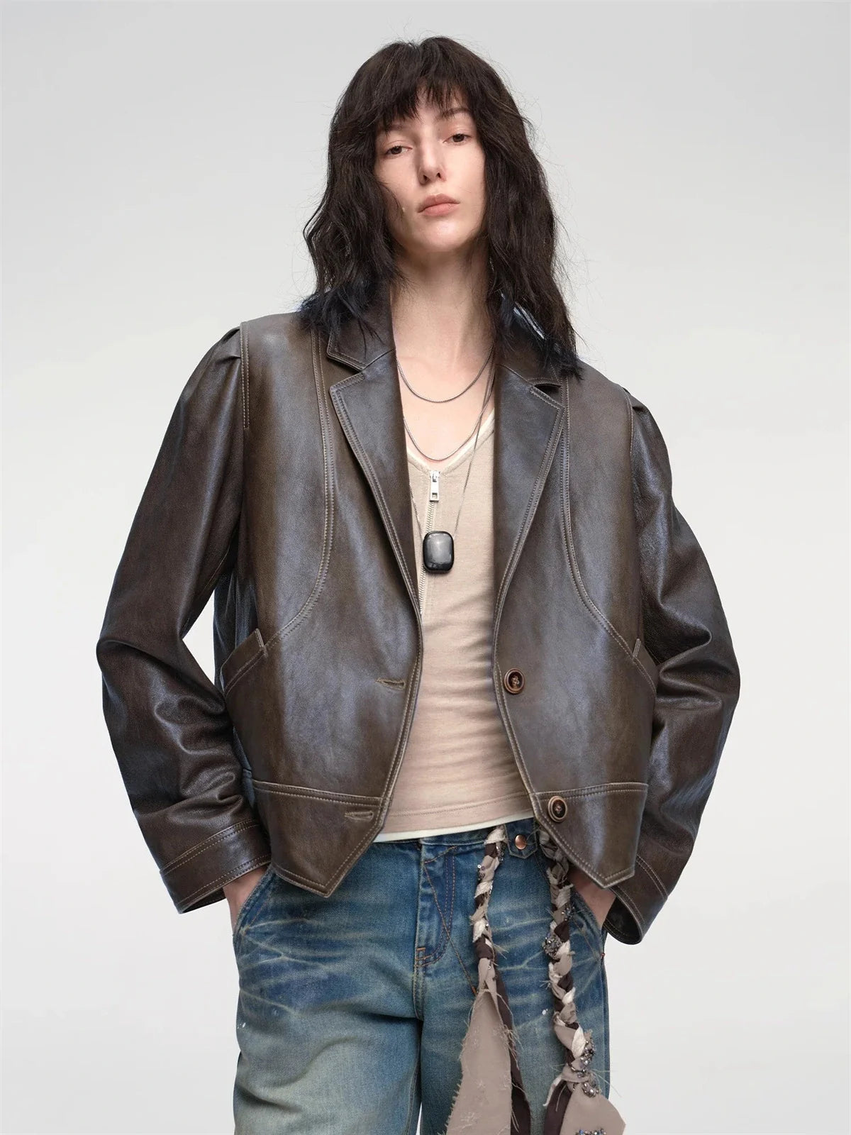 Firelady Fur Vintage Old Stories brown green waxed sheepskin leather jacket front view