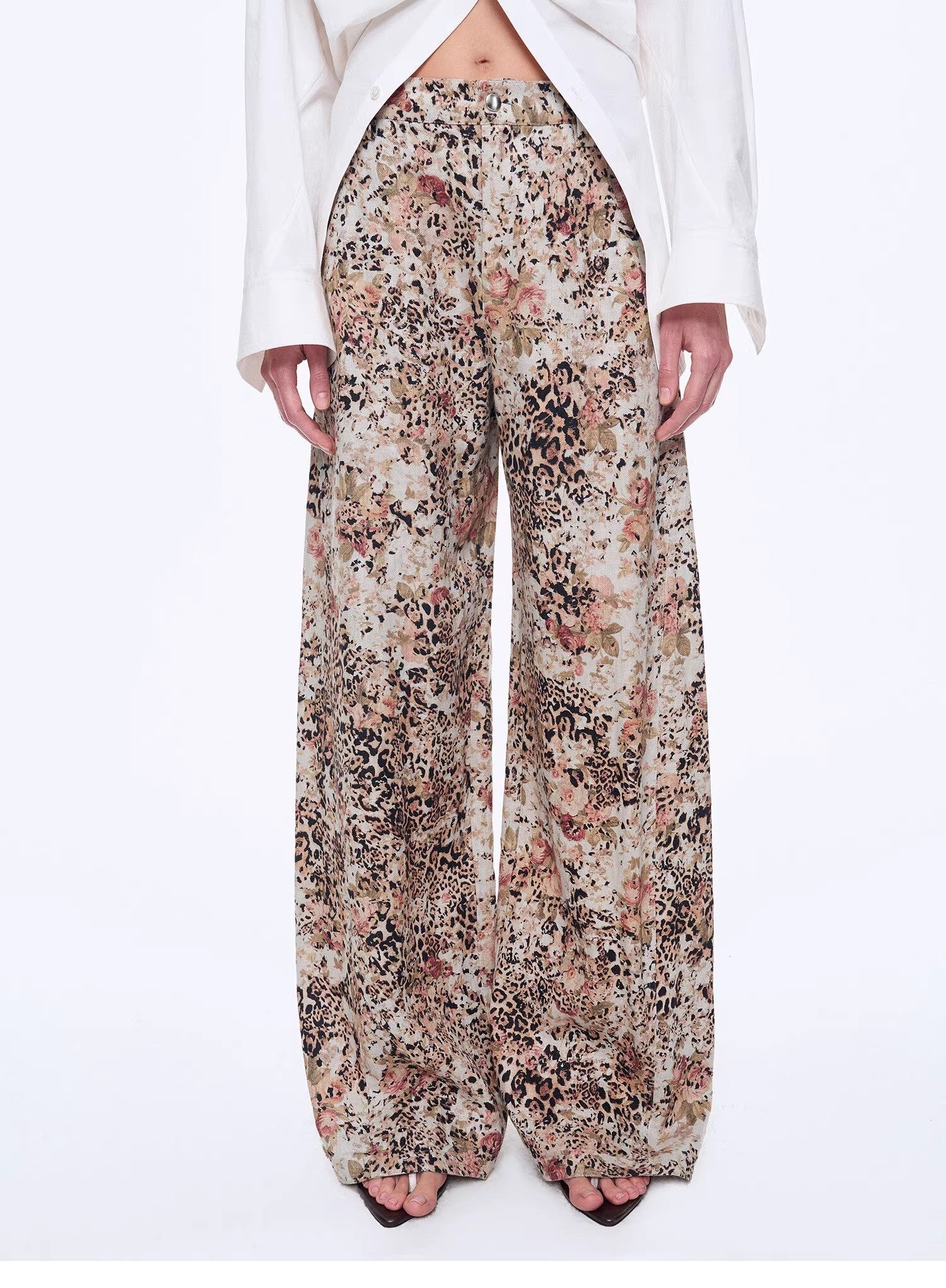 Vintage Print Linen Blend Cut Scimitar Wide Leg Casual Pants"Slow Paris" - variant_title
