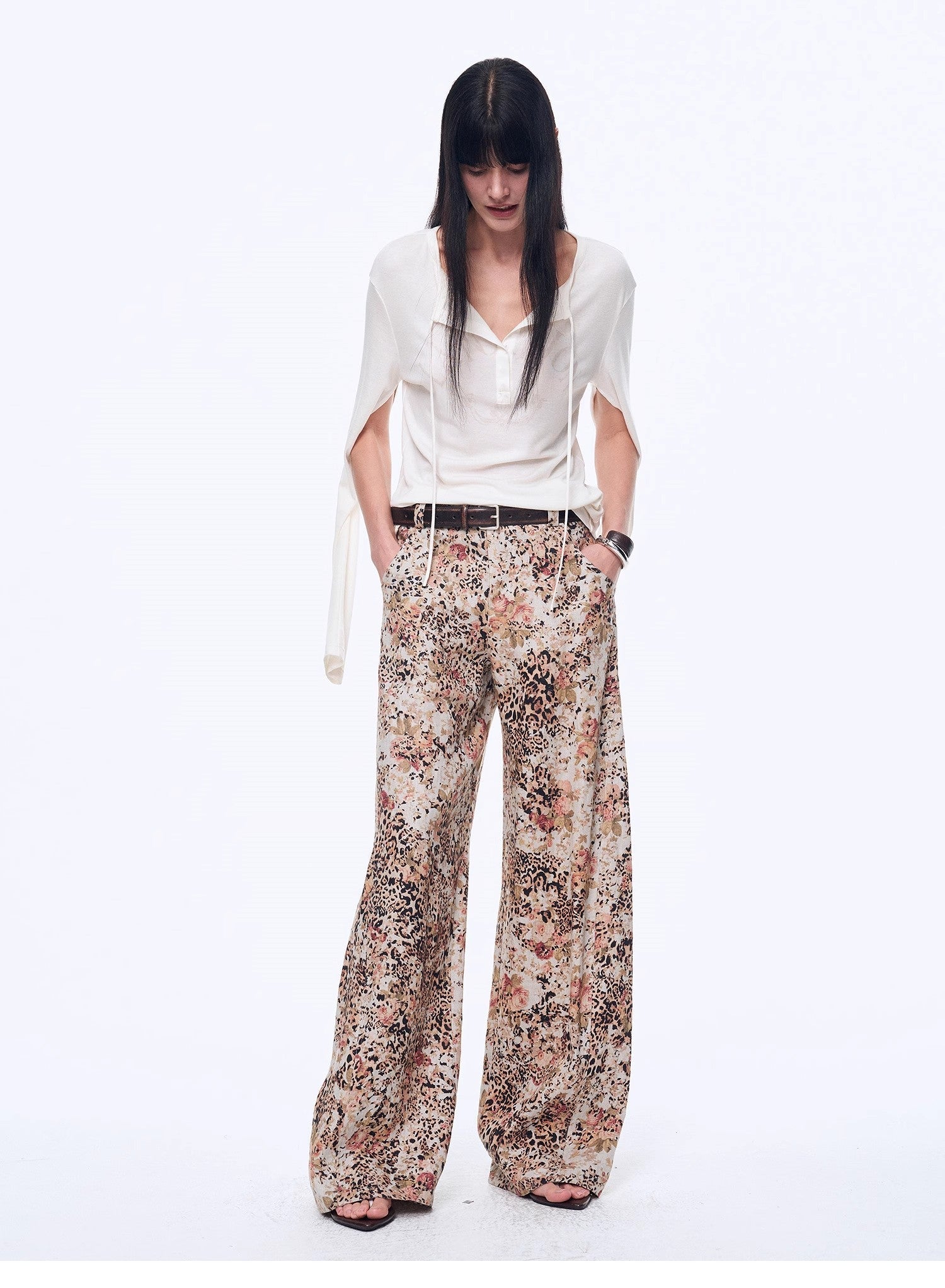 Vintage Print Linen Blend Cut Scimitar Wide Leg Casual Pants"Slow Paris" - variant_title