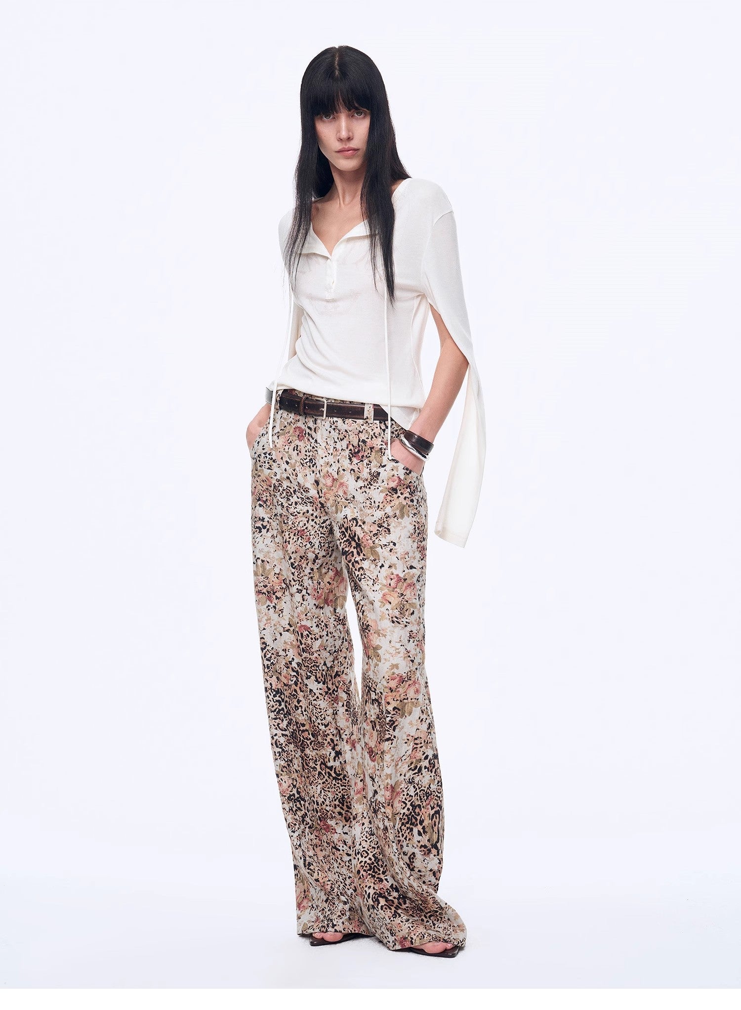 Vintage Print Linen Blend Cut Scimitar Wide Leg Casual Pants"Slow Paris" - variant_title