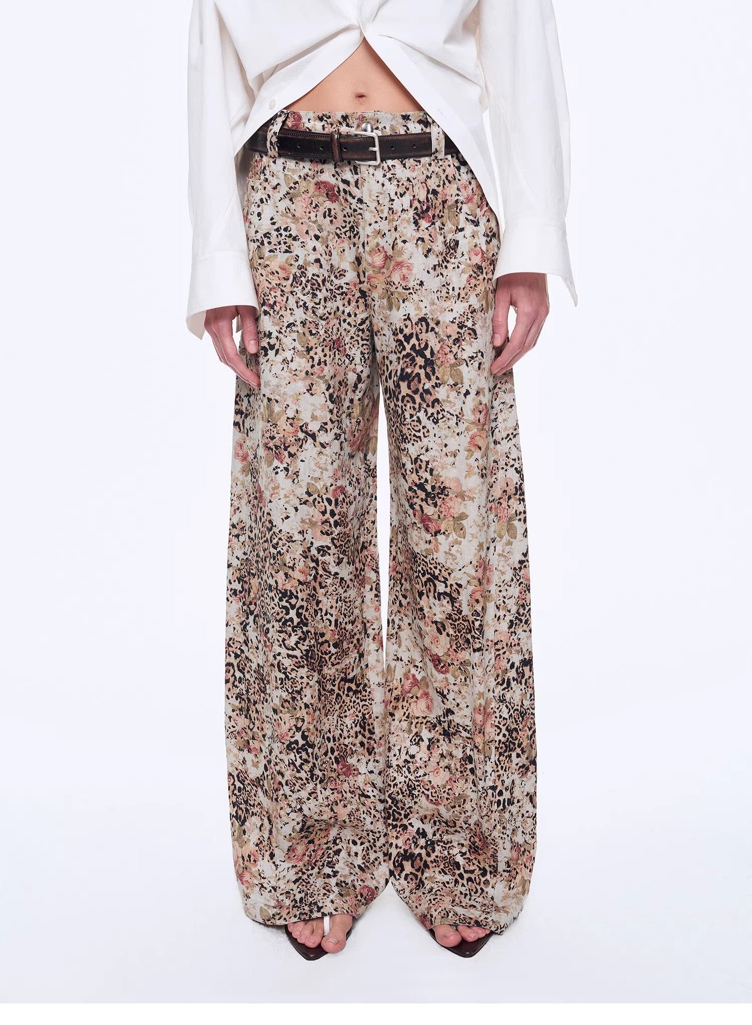 Vintage Print Linen Blend Cut Scimitar Wide Leg Casual Pants"Slow Paris" - variant_title