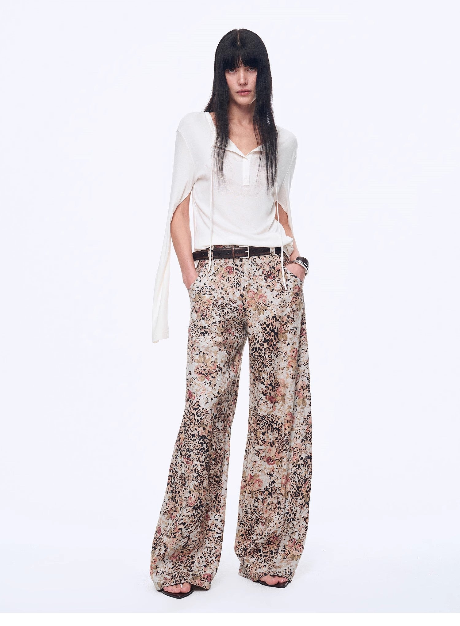 Vintage Print Linen Blend Cut Scimitar Wide Leg Casual Pants"Slow Paris" - variant_title
