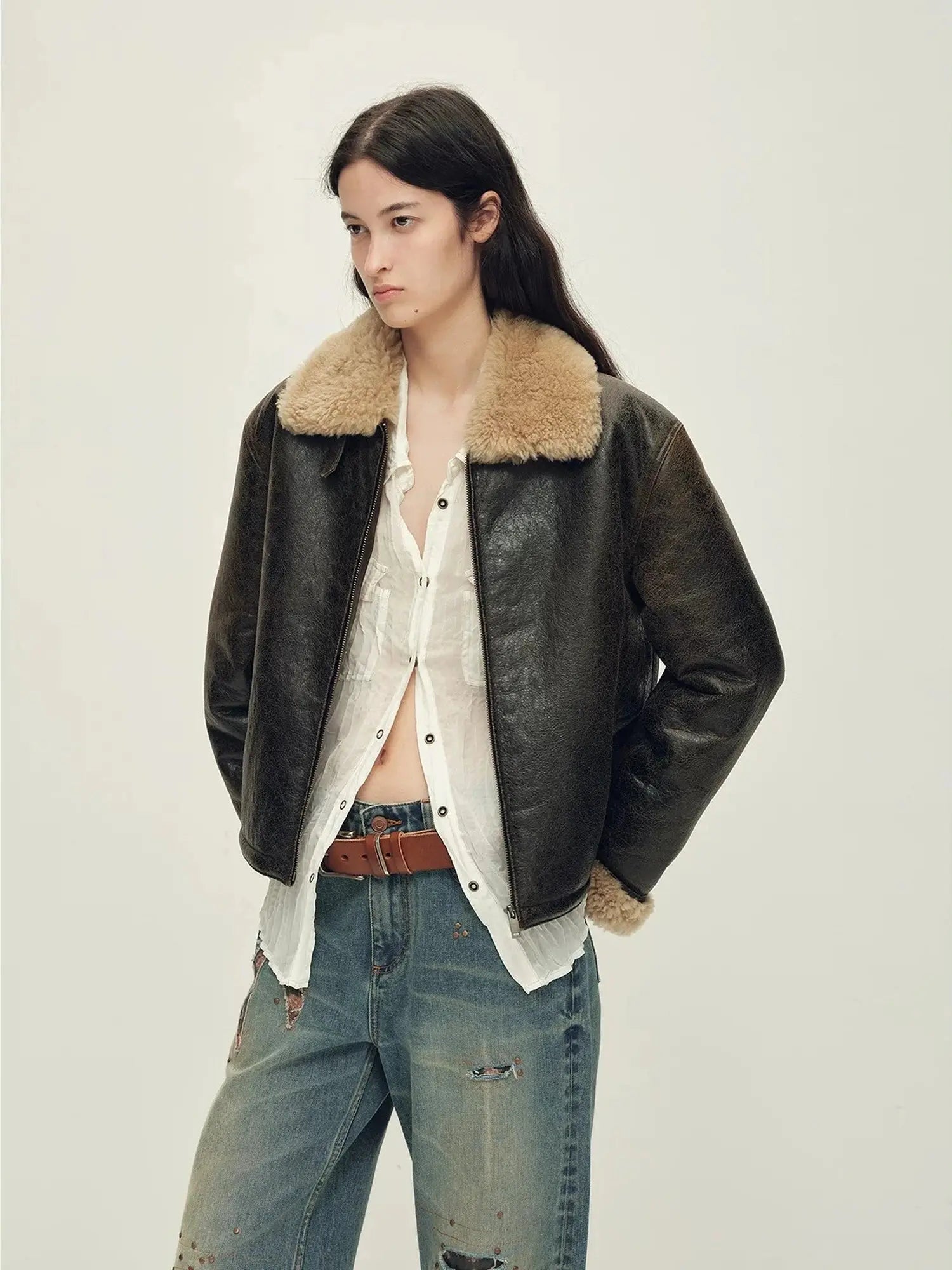 Vintage Reverie crackled brown shearling jacket with contrast wool collar