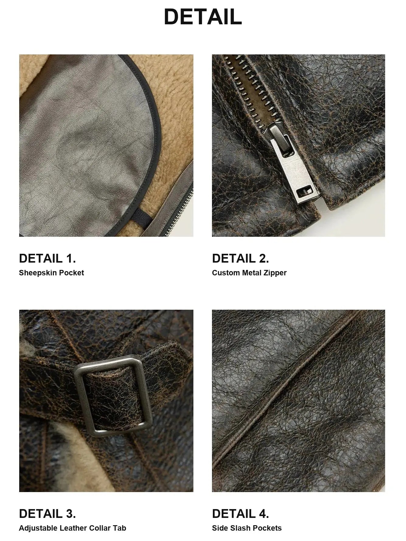 Vintage Reverie shearling jacket pocket zipper collar tab and seam details