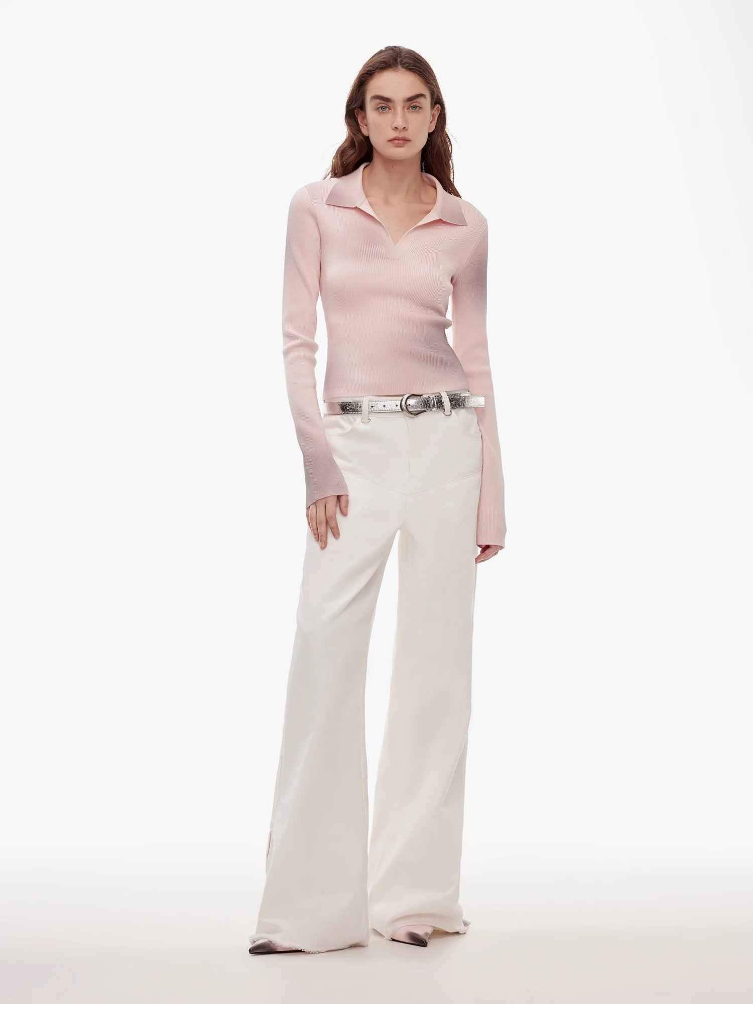 Vintage style curved split design enzyme wash process wide - leg micro - lapel mid - low waist denim pants - variant_title