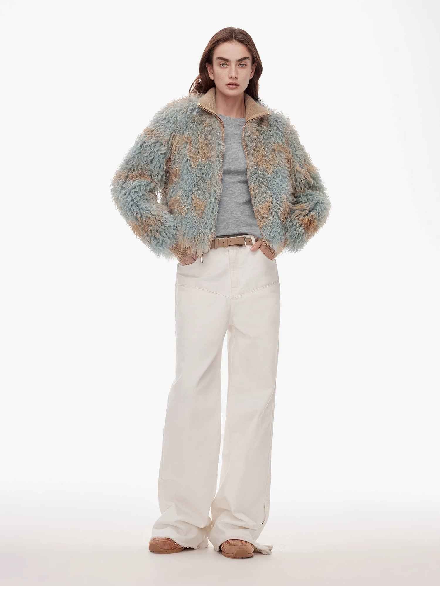 Vintage style curved split design enzyme wash process wide - leg micro - lapel mid - low waist denim pants - variant_title