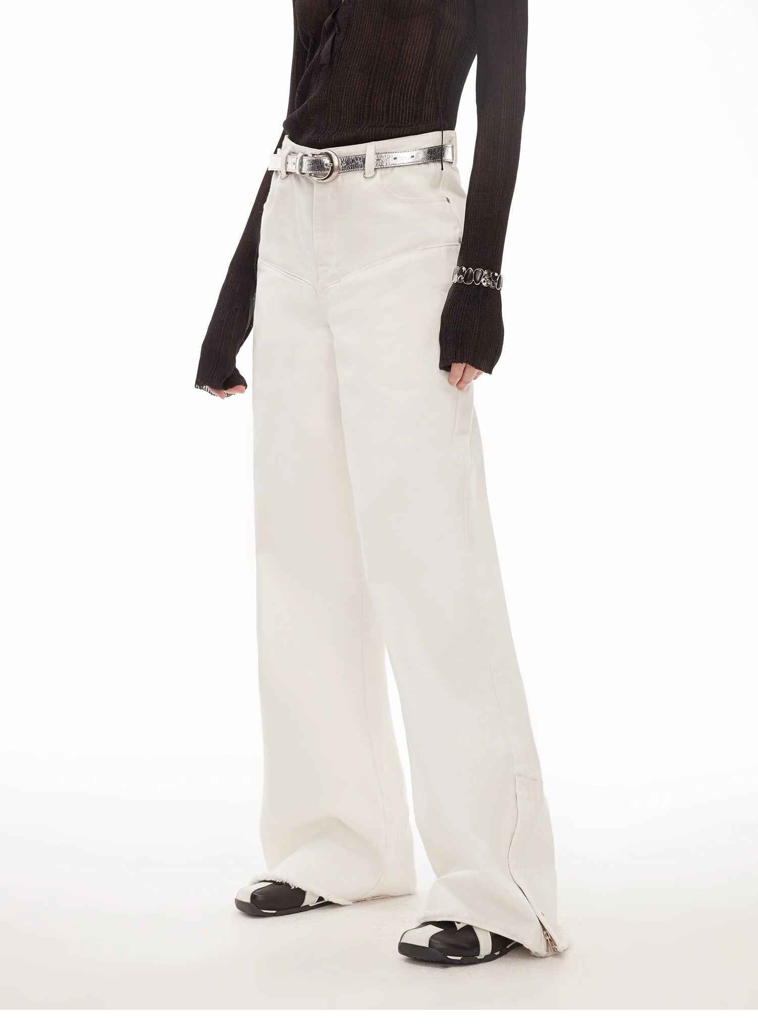 Vintage style curved split design enzyme wash process wide - leg micro - lapel mid - low waist denim pants - variant_title