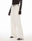 Vintage style curved split design enzyme wash process wide - leg micro - lapel mid - low waist denim pants - variant_title