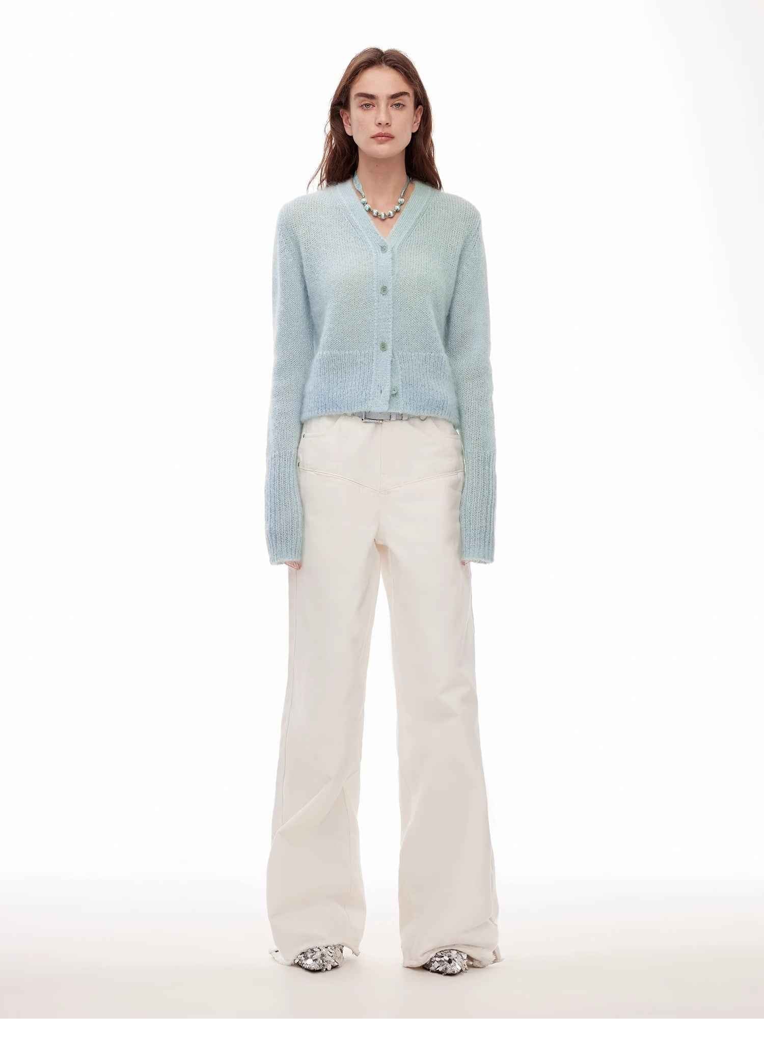 Vintage style curved split design enzyme wash process wide - leg micro - lapel mid - low waist denim pants - variant_title