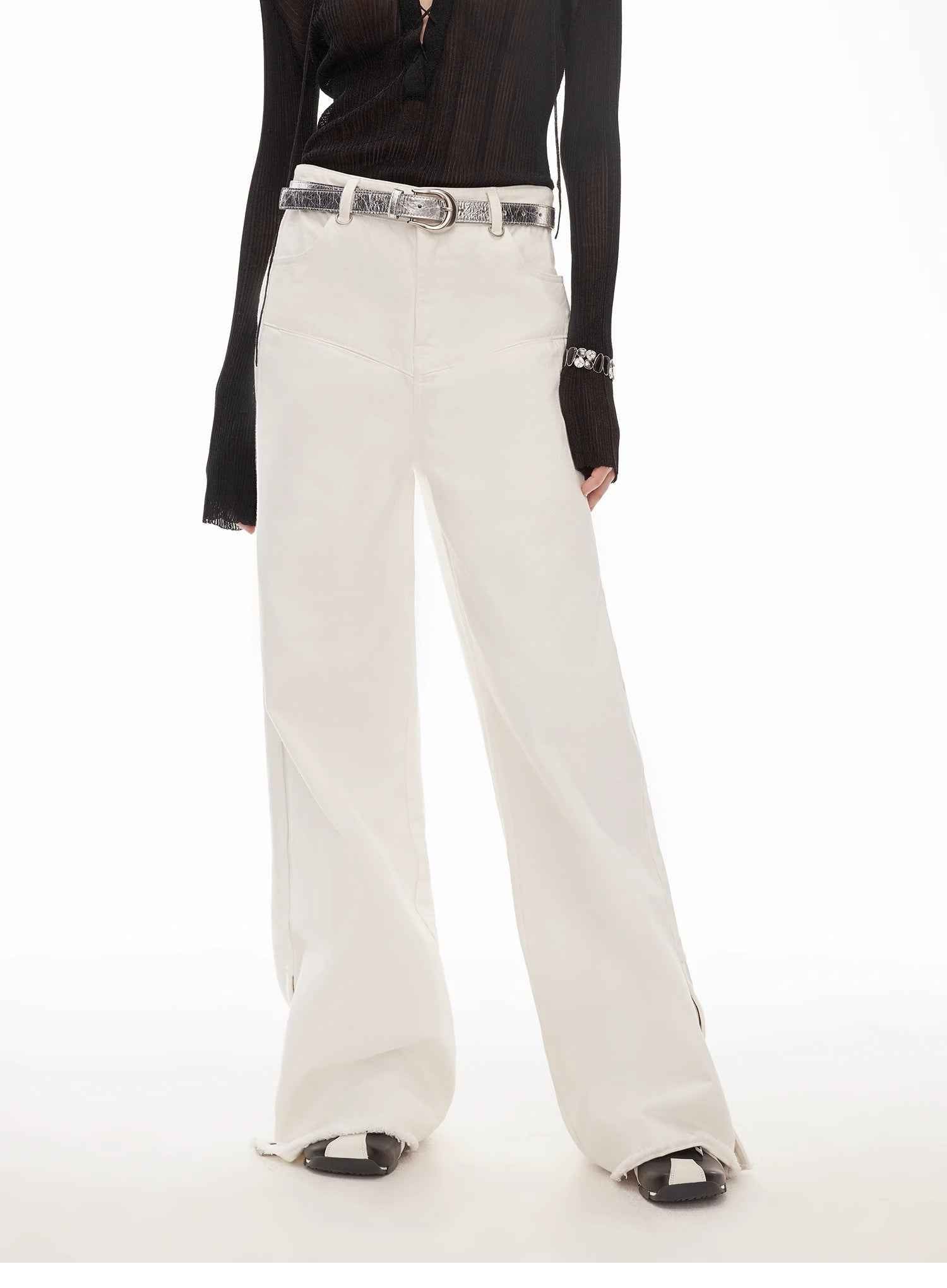 Vintage style curved split design enzyme wash process wide - leg micro - lapel mid - low waist denim pants - variant_title