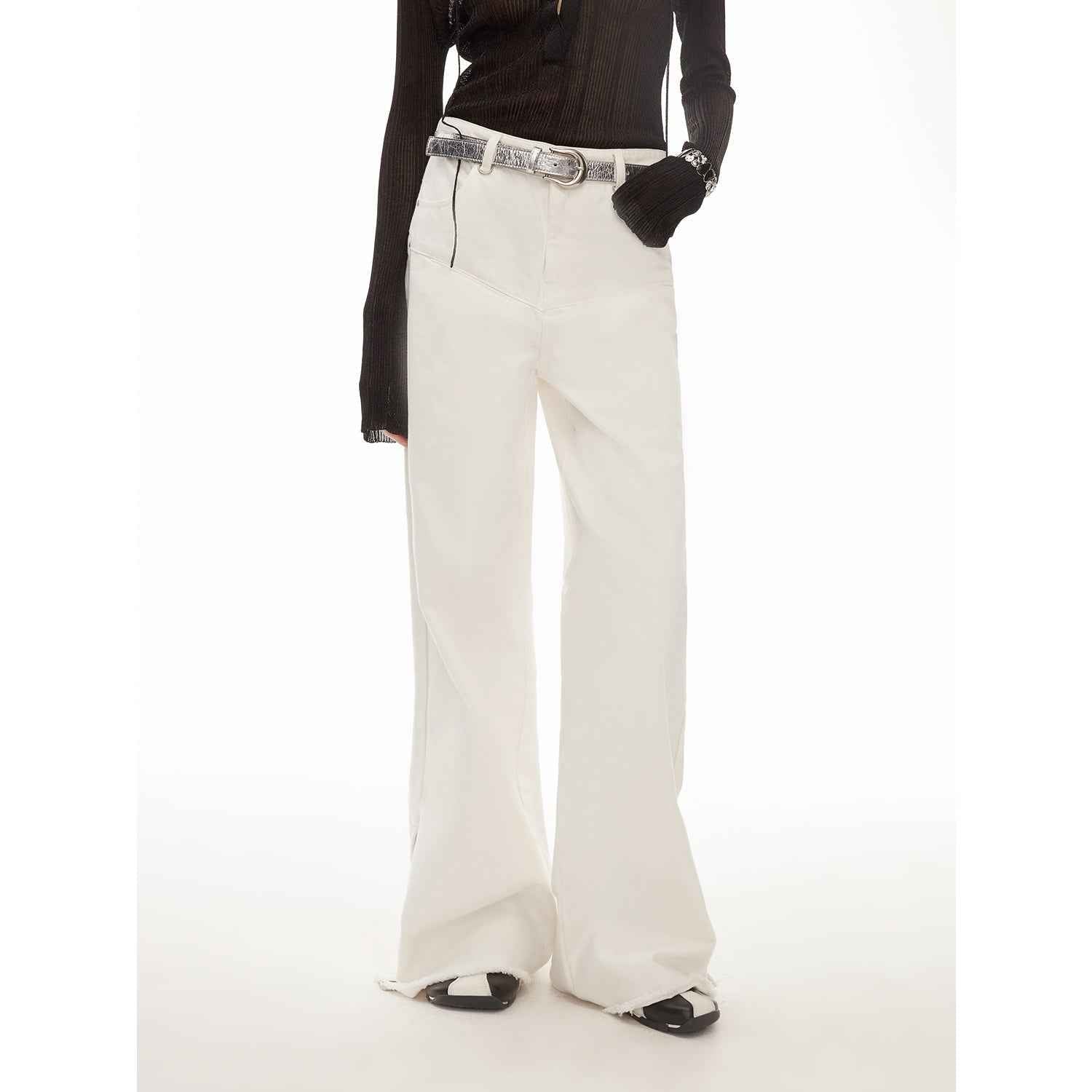 Vintage style curved split design enzyme wash process wide - leg micro - lapel mid - low waist denim pants - variant_title