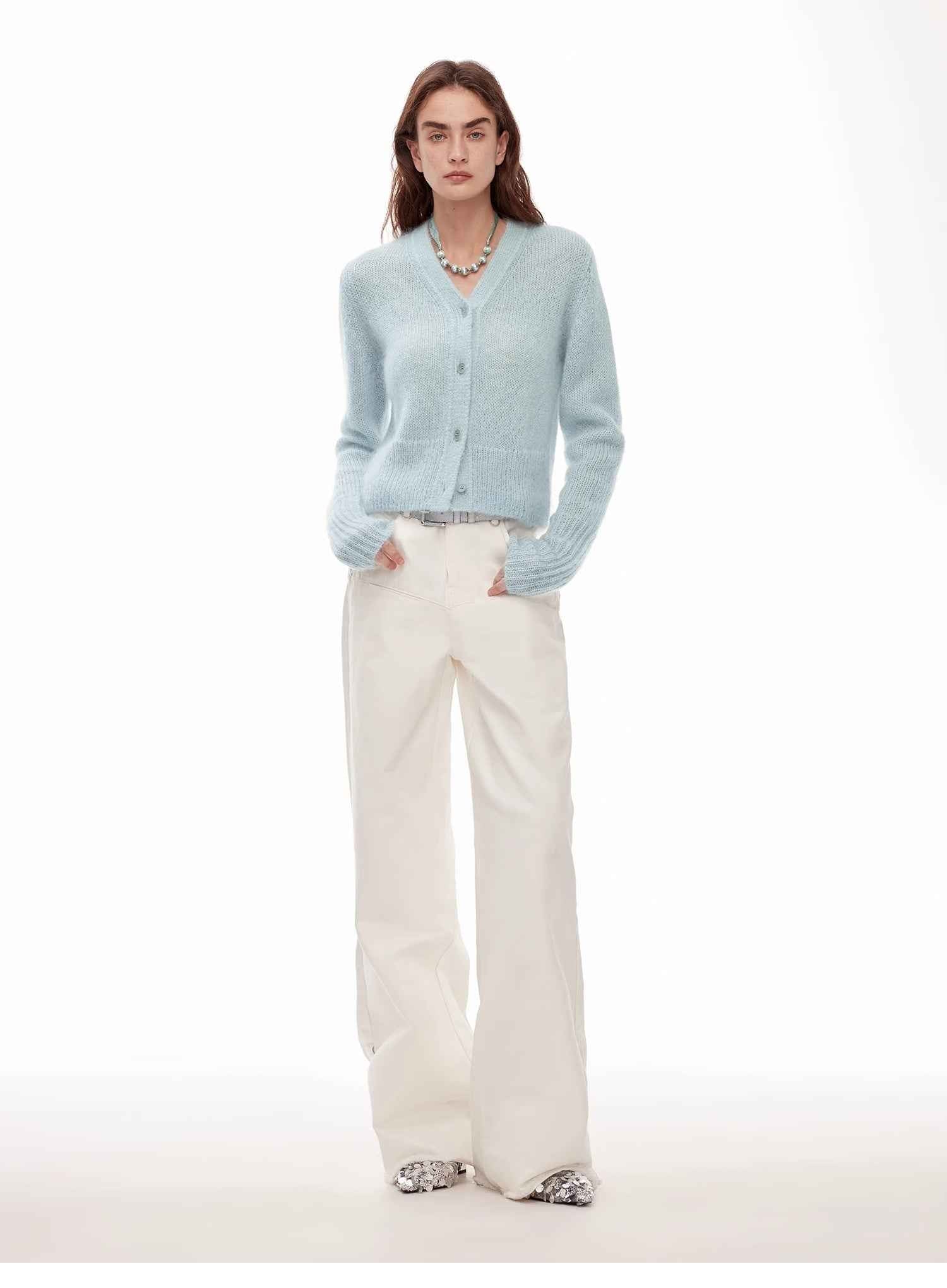 Vintage style curved split design enzyme wash process wide - leg micro - lapel mid - low waist denim pants - variant_title