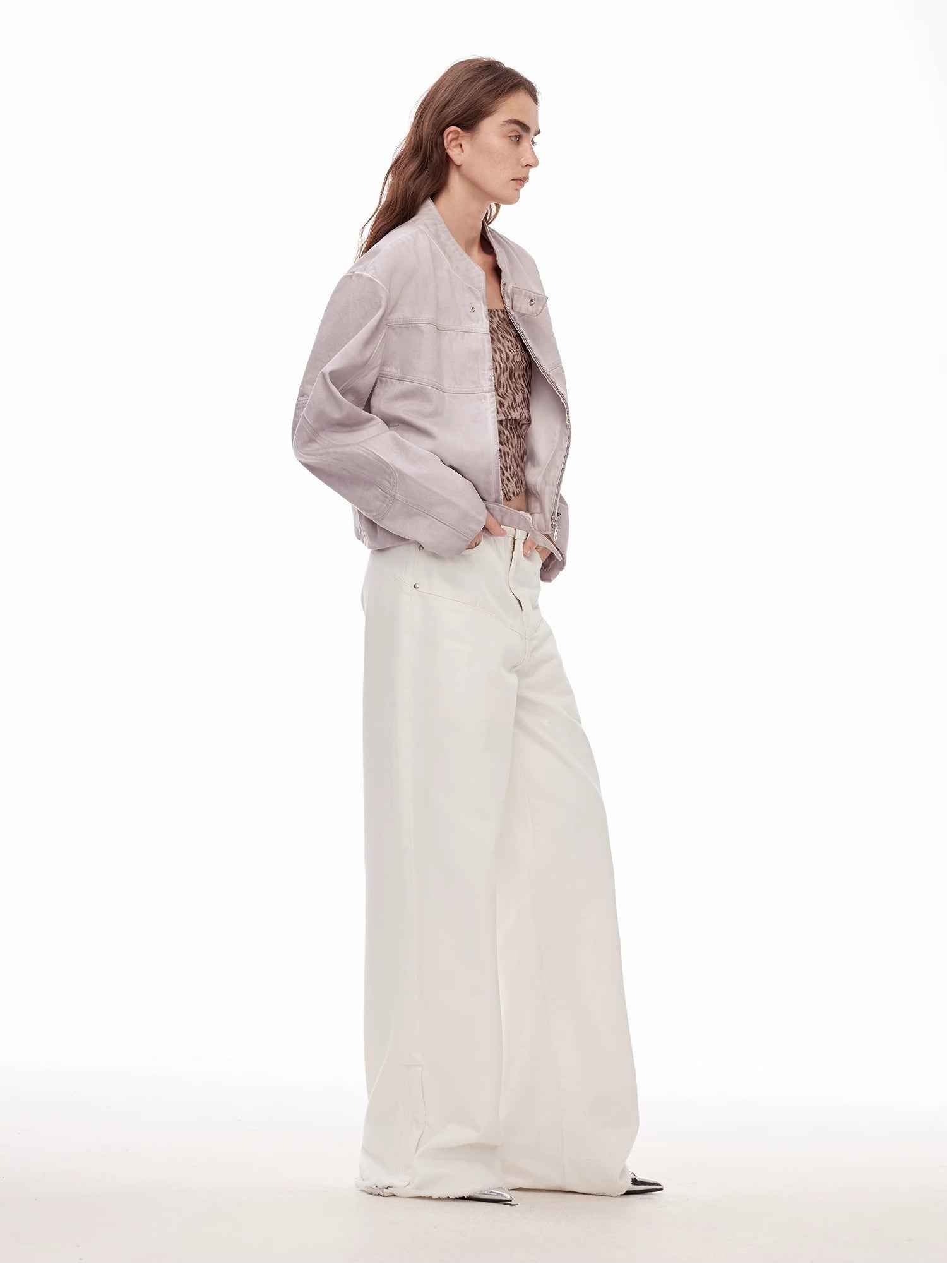 Vintage style curved split design enzyme wash process wide - leg micro - lapel mid - low waist denim pants - variant_title