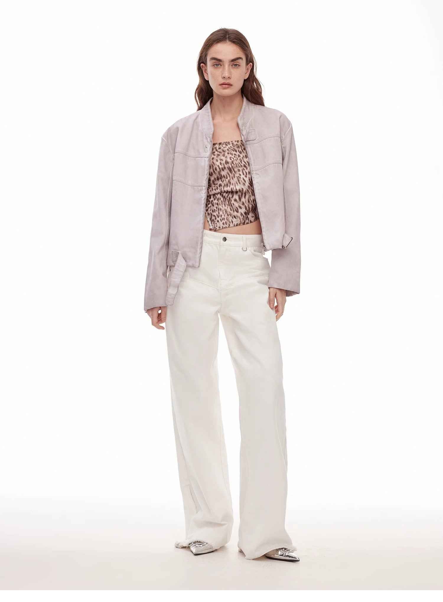 Vintage style curved split design enzyme wash process wide - leg micro - lapel mid - low waist denim pants - variant_title