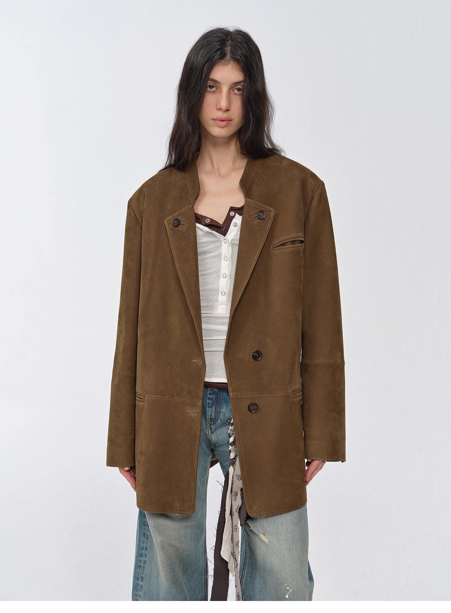 Vintage suede/waxy goatskin leather mid - length suit jacket "Bavaria" - variant_title