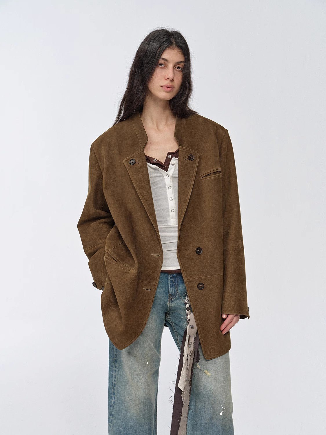 Vintage suede/waxy goatskin leather mid - length suit jacket "Bavaria" - variant_title