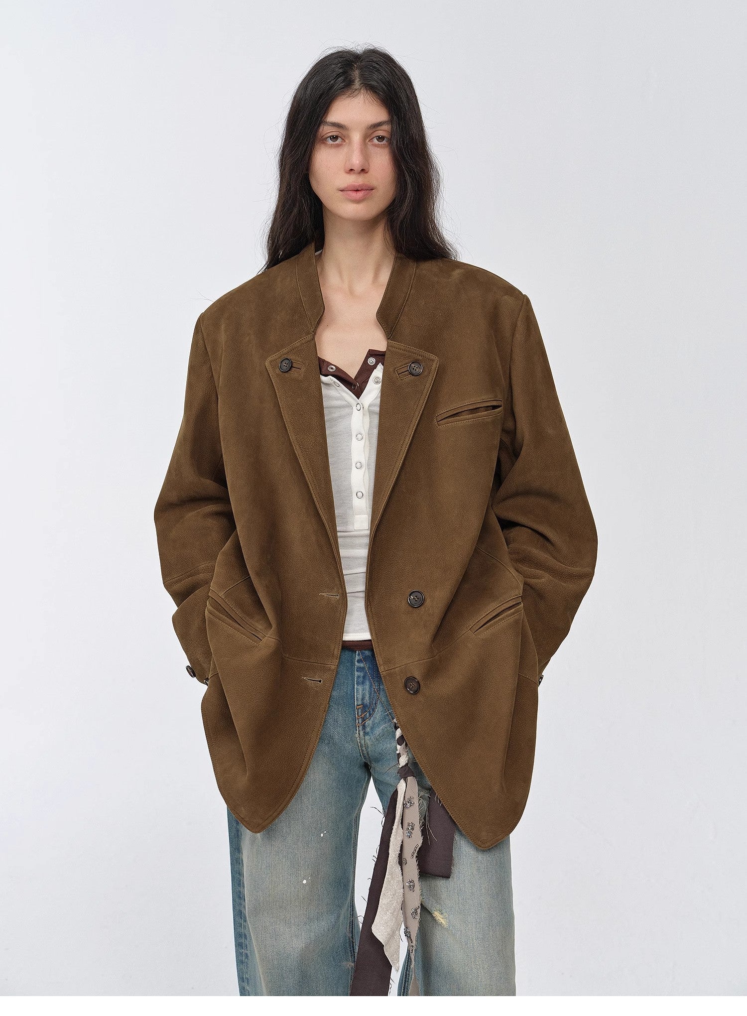 Vintage suede/waxy goatskin leather mid - length suit jacket "Bavaria" - variant_title