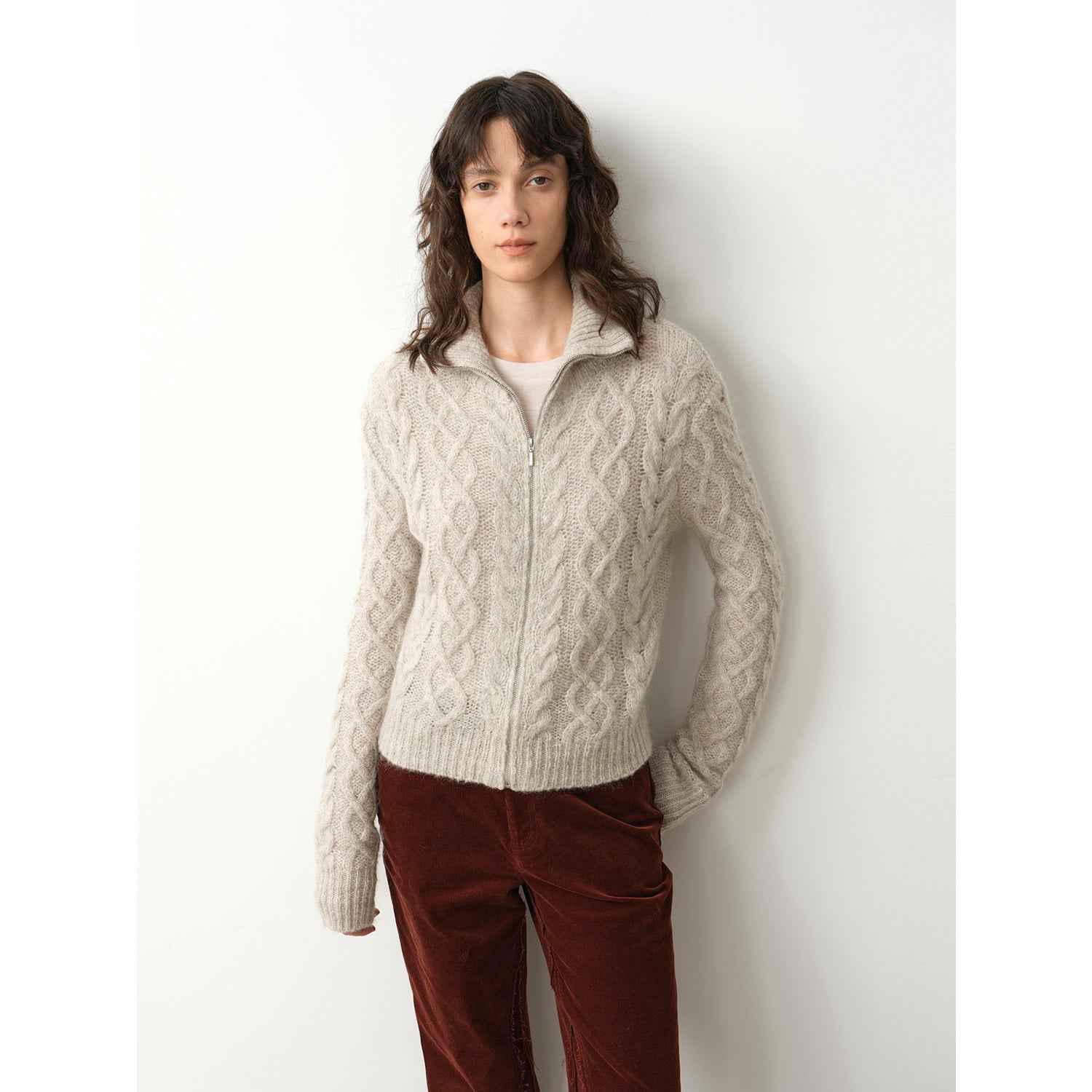 Vintage warm flower pattern basic top mohair wool cable blend zipper knit cardigan "Romantic Cable" - variant_title
