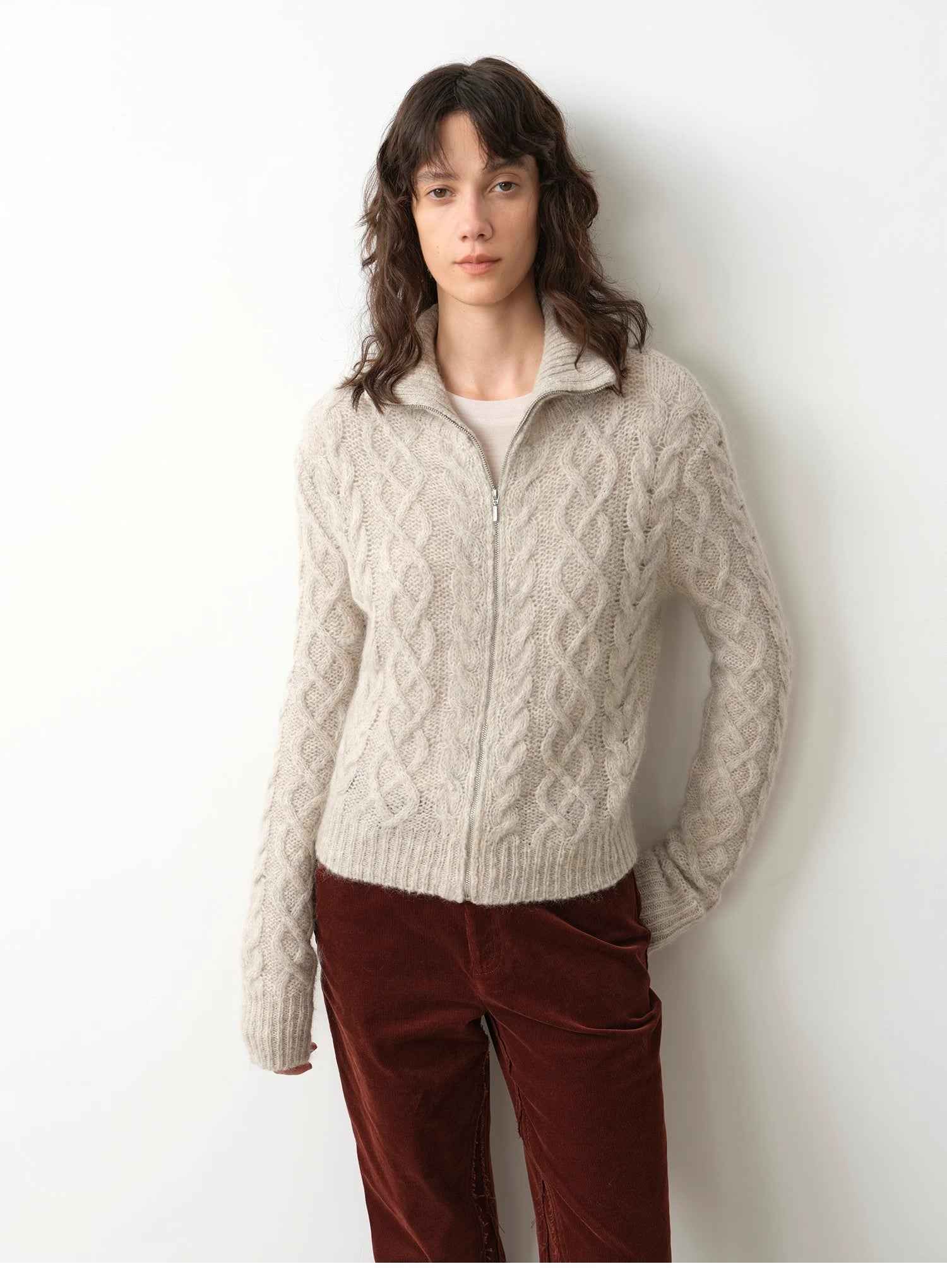 Vintage warm flower pattern basic top mohair wool cable blend zipper knit cardigan "Romantic Cable" - variant_title