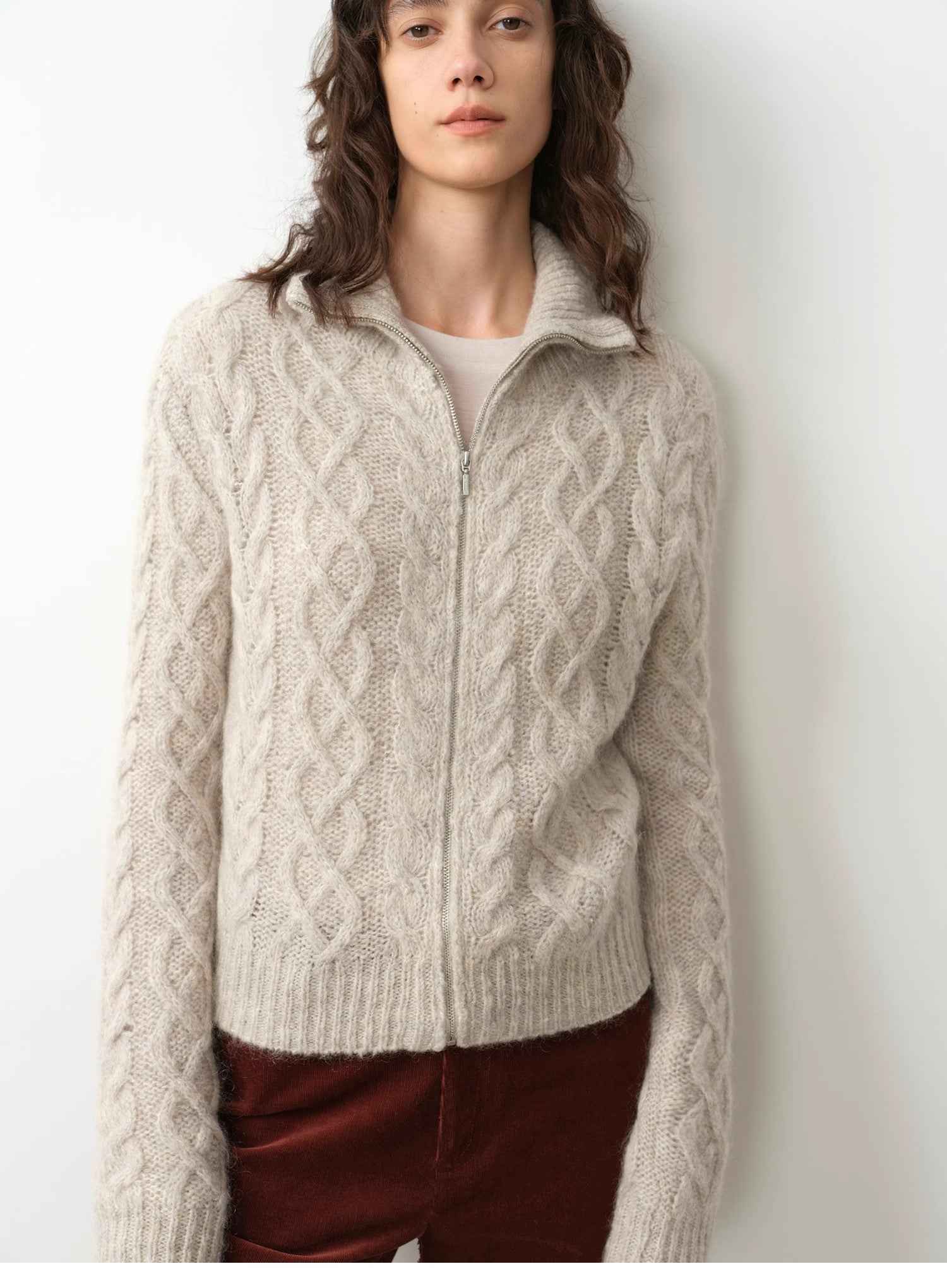 Vintage warm flower pattern basic top mohair wool cable blend zipper knit cardigan "Romantic Cable" - variant_title