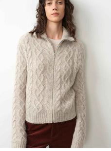 Vintage warm flower pattern basic top mohair wool cable blend zipper knit cardigan "Romantic Cable" - variant_title