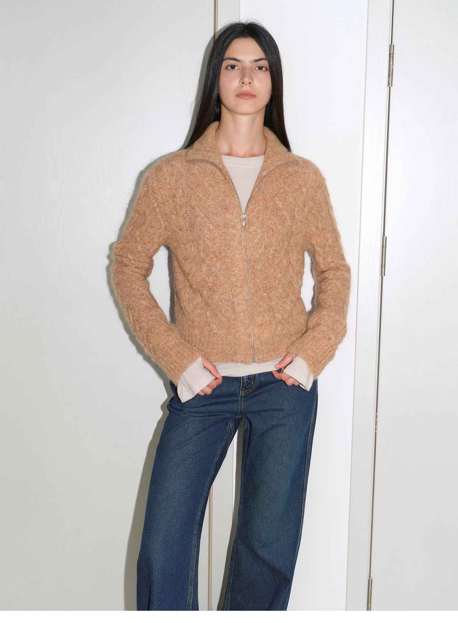 Vintage warm flower pattern basic top mohair wool cable blend zipper knit cardigan "Romantic Cable" - variant_title