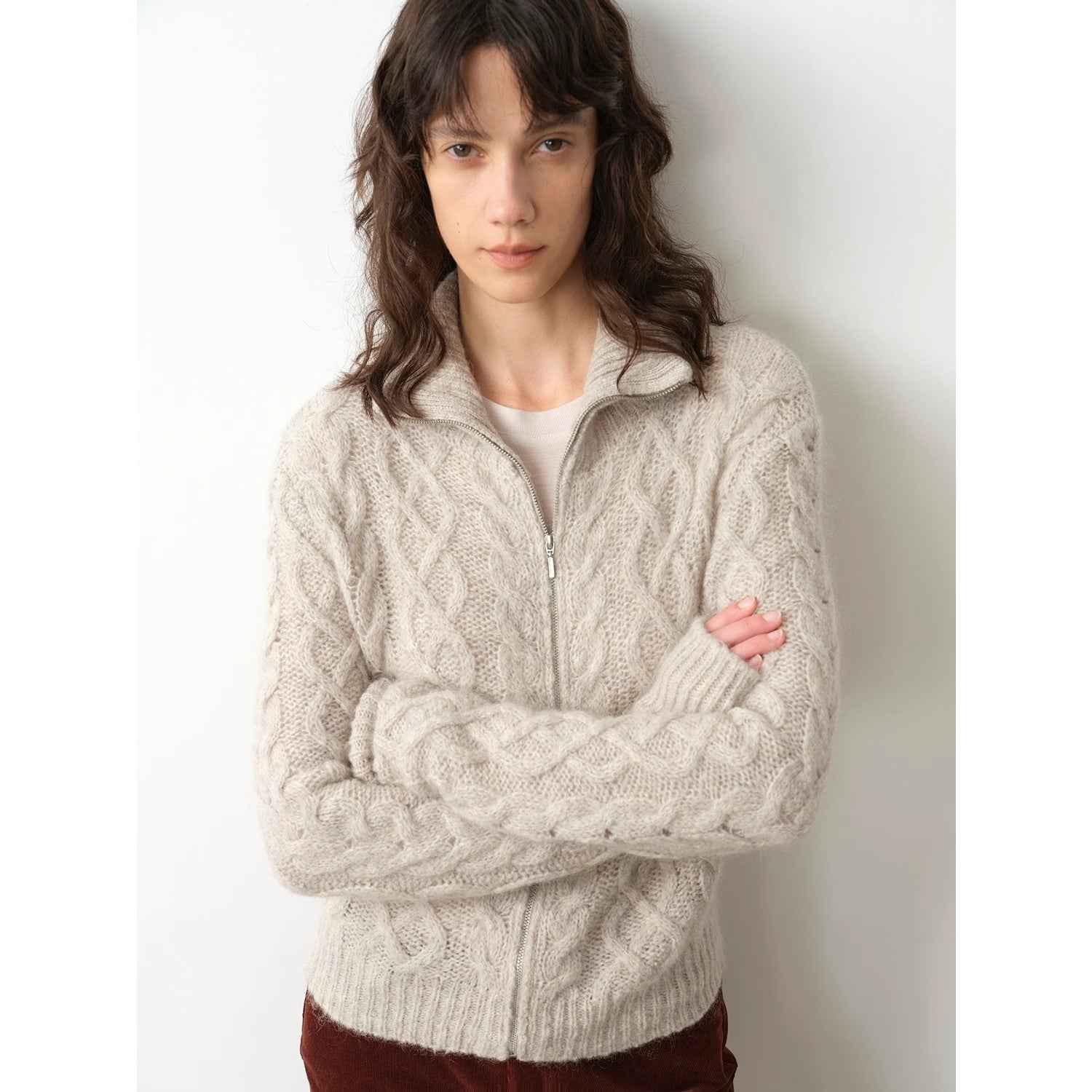 Vintage warm flower pattern basic top mohair wool cable blend zipper knit cardigan "Romantic Cable" - variant_title