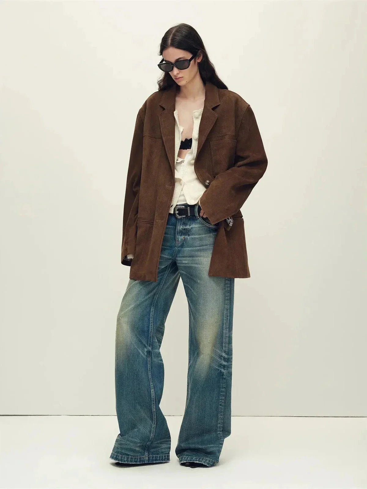 Firelady Fur warm taupe oversized suede leather blazer full outfit view
