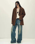Firelady Fur warm taupe oversized suede leather blazer full outfit view