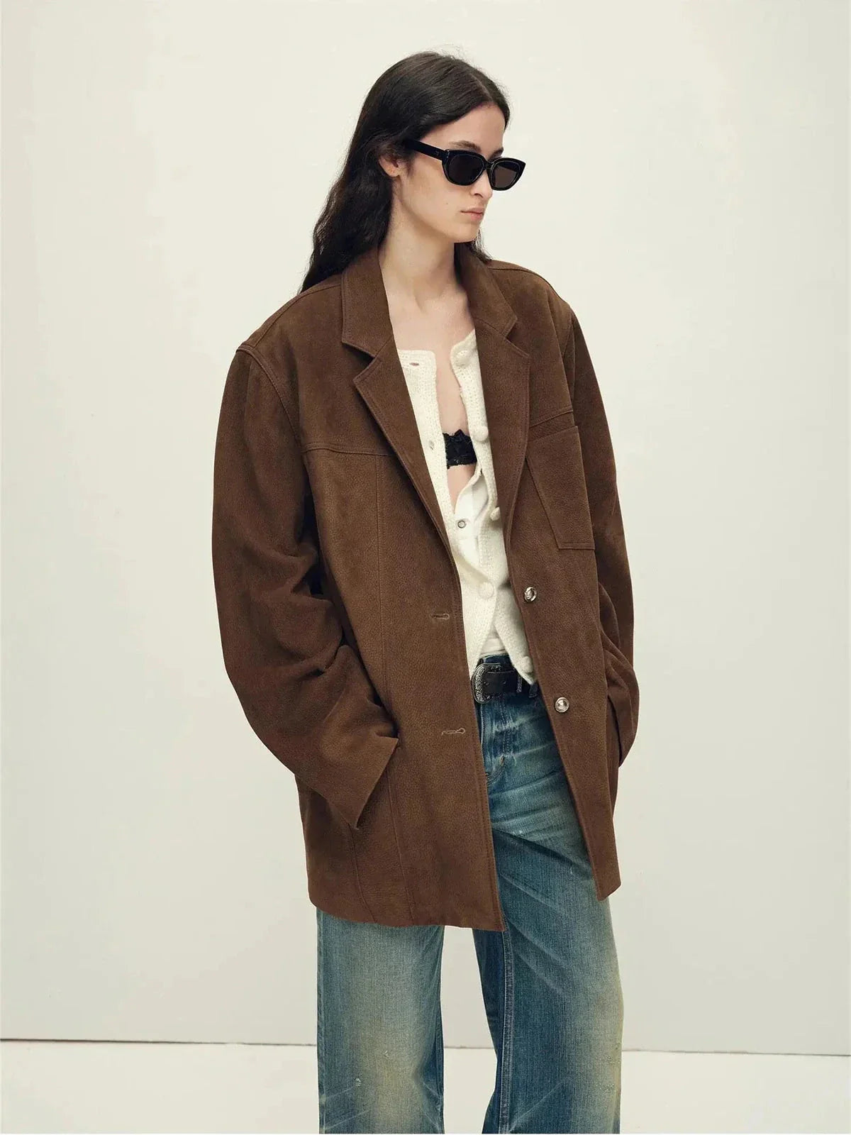 Firelady Fur warm taupe oversized suede leather blazer side styling view