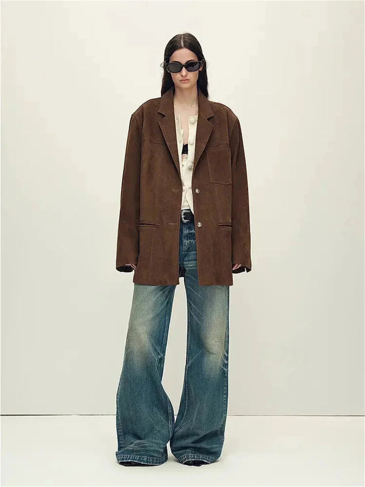 Firelady Fur warm taupe oversized suede leather blazer relaxed front view