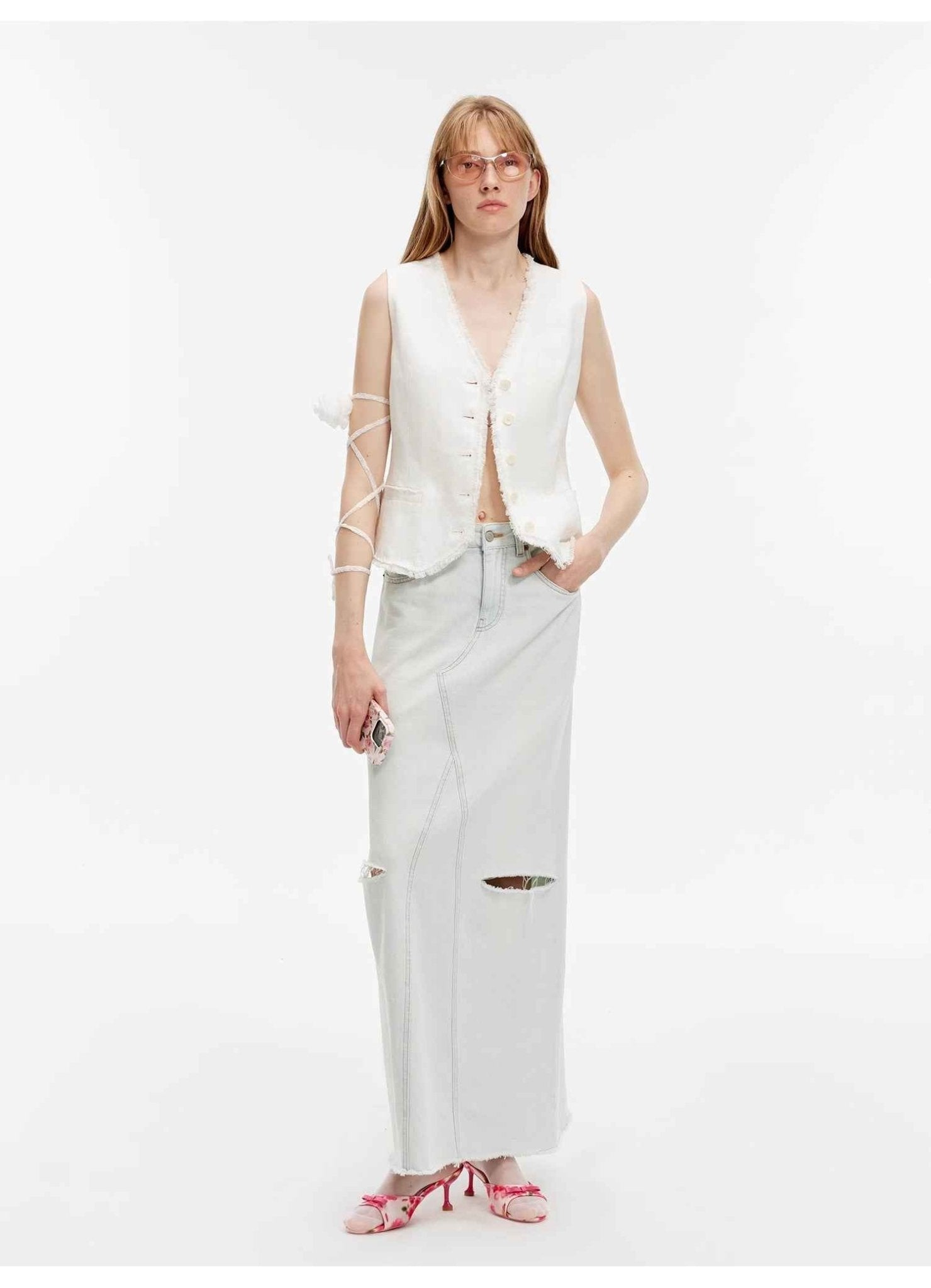 "Walden Pond" Turkish Imported Wash - faded Distressed Hole Denim A - line Skirt - variant_title