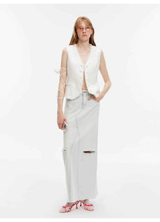 "Walden Pond" Turkish Imported Wash - faded Distressed Hole Denim A - line Skirt - variant_title