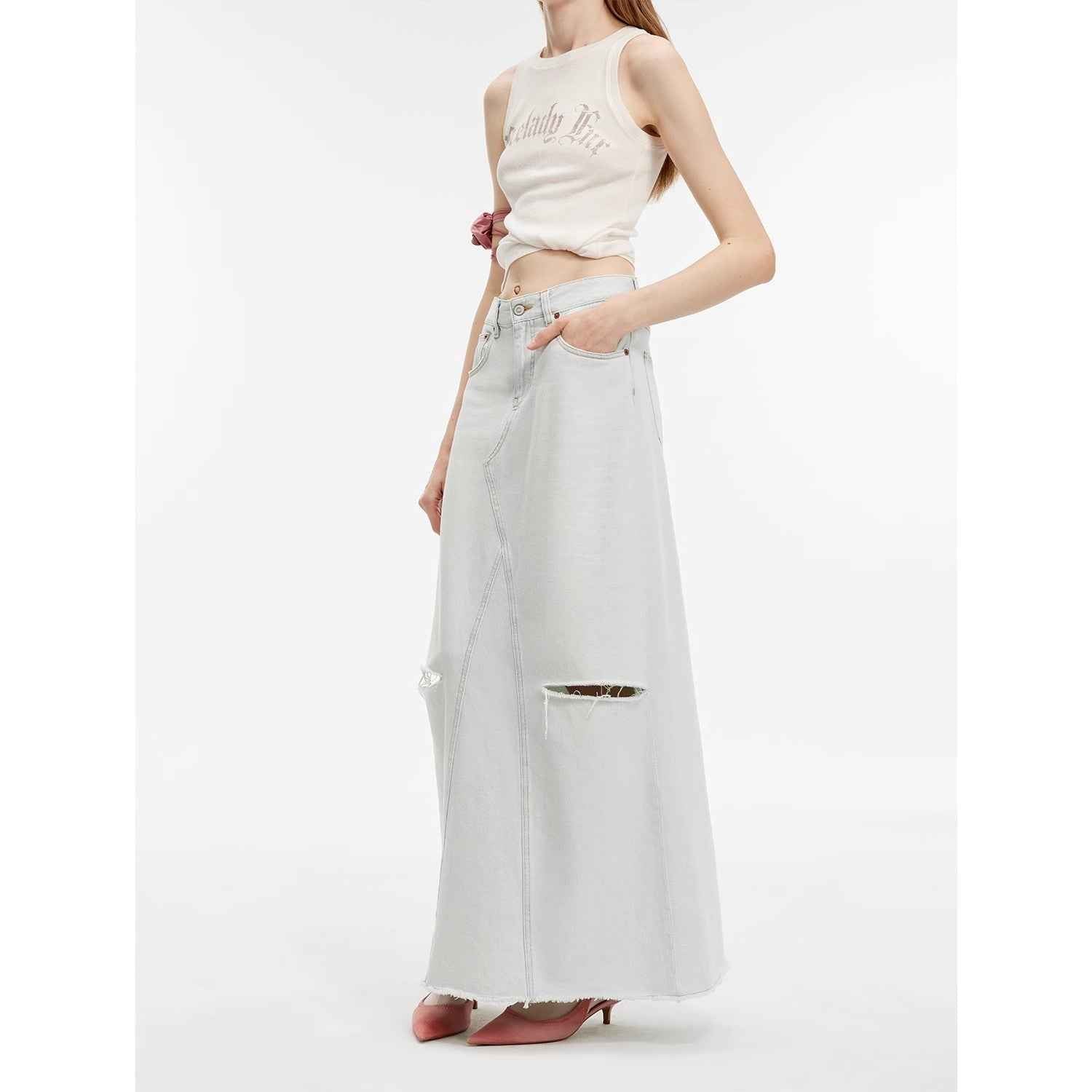 "Walden Pond" Turkish Imported Wash - faded Distressed Hole Denim A - line Skirt - variant_title