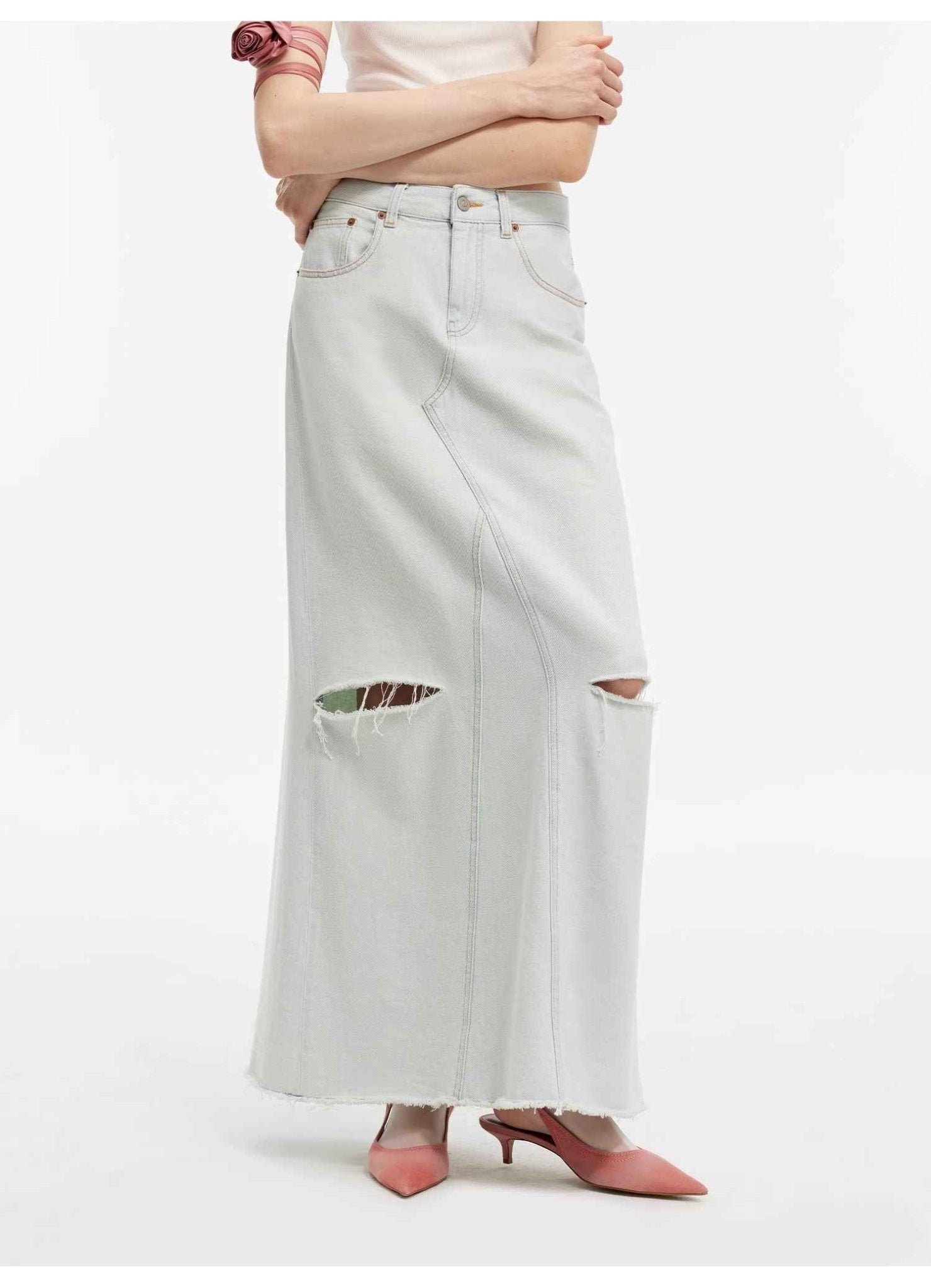 "Walden Pond" Turkish Imported Wash - faded Distressed Hole Denim A - line Skirt - variant_title