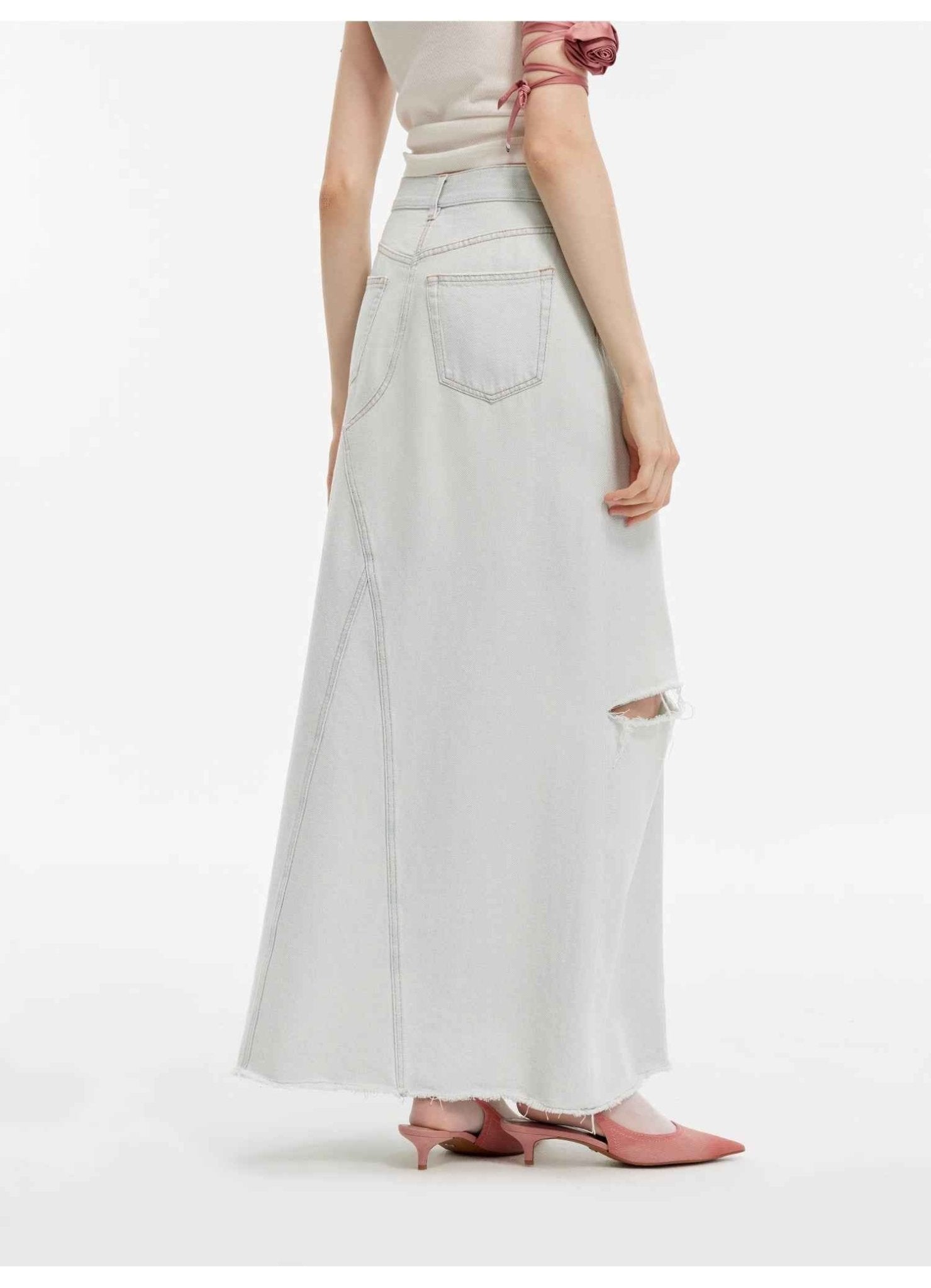 "Walden Pond" Turkish Imported Wash - faded Distressed Hole Denim A - line Skirt - variant_title