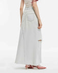 "Walden Pond" Turkish Imported Wash - faded Distressed Hole Denim A - line Skirt - variant_title