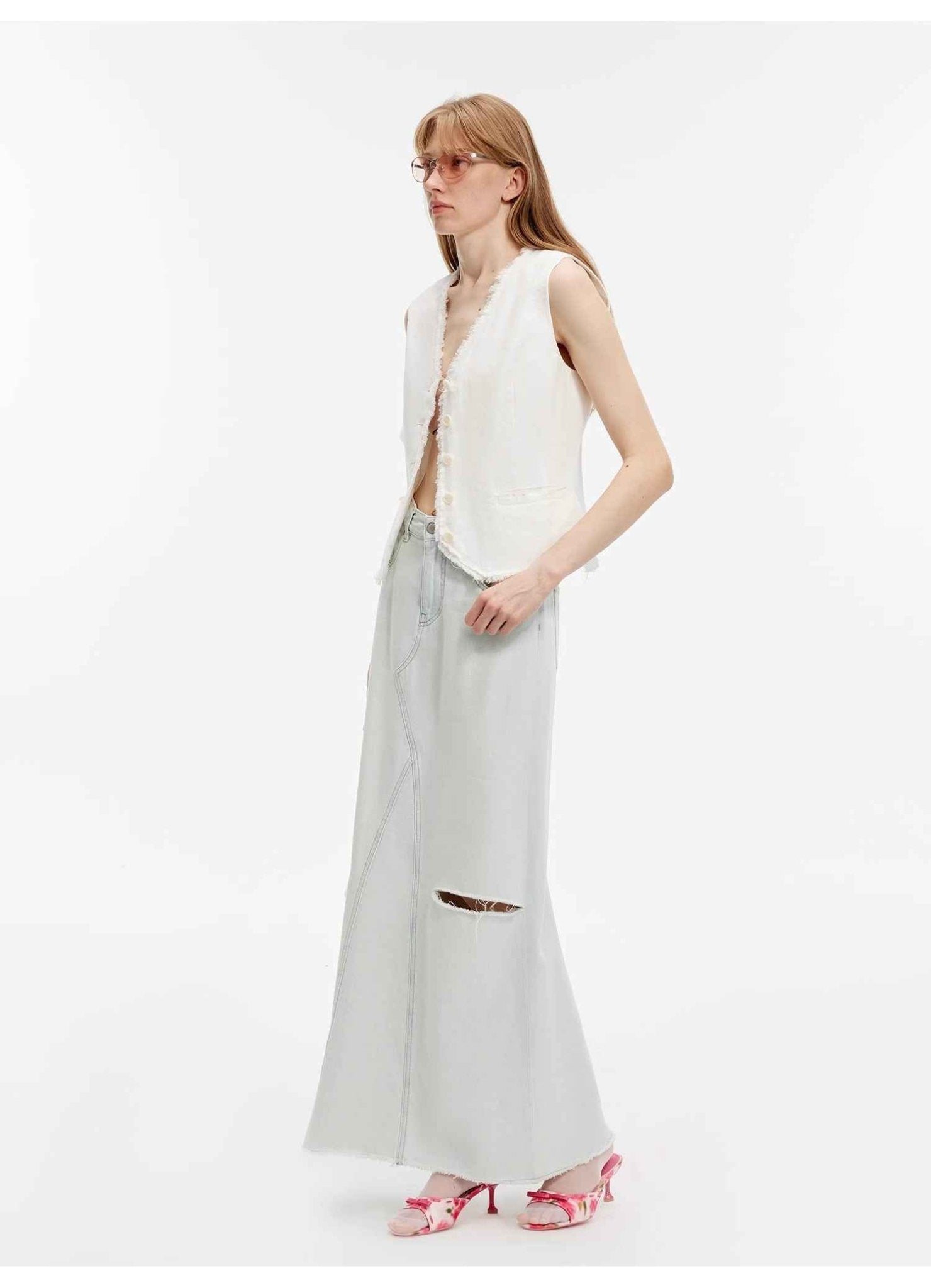 "Walden Pond" Turkish Imported Wash - faded Distressed Hole Denim A - line Skirt - variant_title