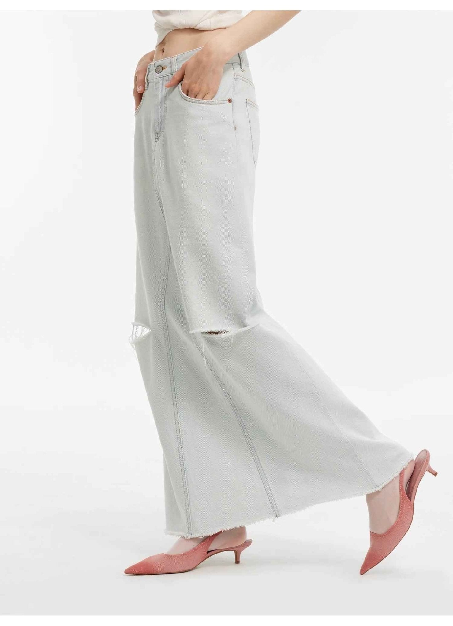 "Walden Pond" Turkish Imported Wash - faded Distressed Hole Denim A - line Skirt - variant_title