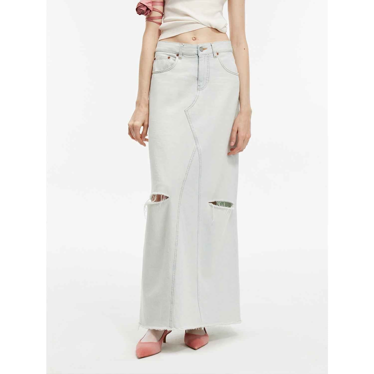 "Walden Pond" Turkish Imported Wash - faded Distressed Hole Denim A - line Skirt - variant_title