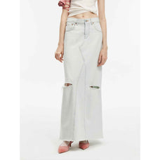 "Walden Pond" Turkish Imported Wash - faded Distressed Hole Denim A - line Skirt - variant_title