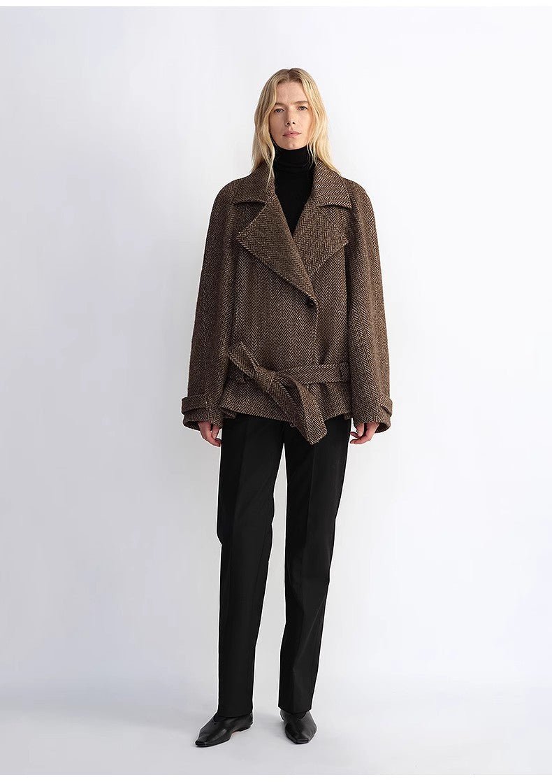 "Warm Cocoon" Italian Herringbone Wool Classic Lapel Micro - coon Short Wool Coat for Women - variant_title