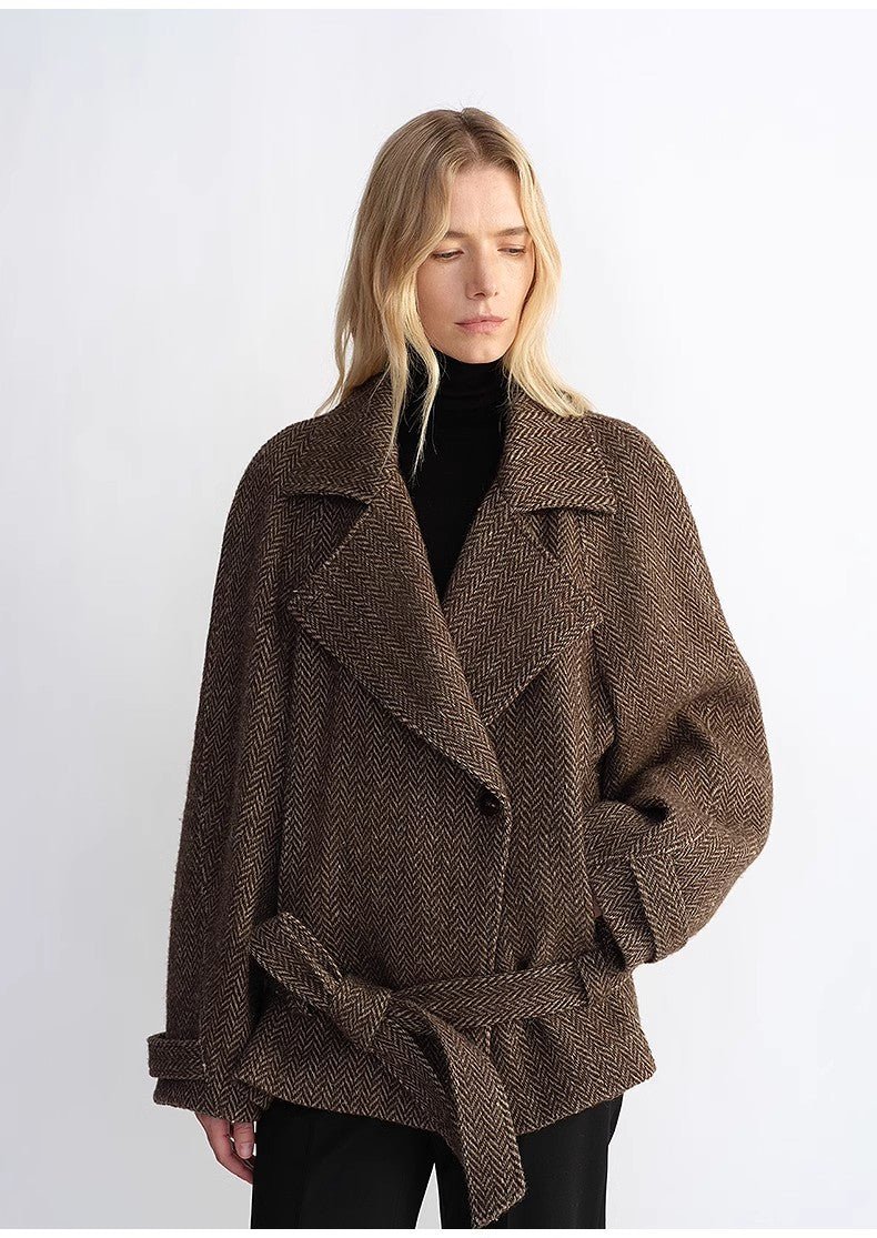 "Warm Cocoon" Italian Herringbone Wool Classic Lapel Micro - coon Short Wool Coat for Women - variant_title