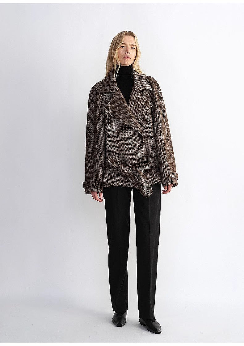 "Warm Cocoon" Italian Herringbone Wool Classic Lapel Micro - coon Short Wool Coat for Women - variant_title